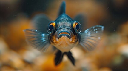 Sticker -  a close up of a blue and yellow fish with a black nose and yellow eyes and a black tail and a black nose and a yellow and white stripe around the bottom part of the fish.