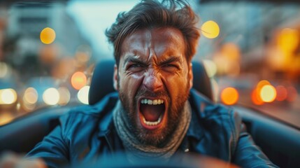 Wall Mural -  a close up of a person in a car with his mouth open and his hands on the steering wheel, with a blurry background of a city at night.