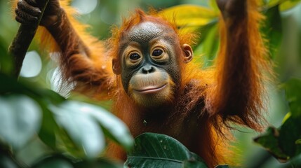 Wall Mural -  a young oranguel hangs from a tree branch in a forest of green leaves, looking at the camera with a curious look on his face and to the left.