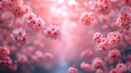 Sticker -  a bunch of pink flowers are blooming on the branches of a tree in front of a bright blue sky with a beam of light in the middle of the background.