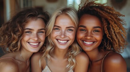 Sticker -  a group of three women standing next to each other with their arms around each other and one of them is smiling at the camera and the other two of them are smiling.