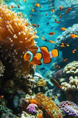 Wall Mural - Landscape with clown fish on the bottom of the sea among corals, marine life concept.