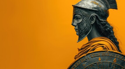 Canvas Print -  a close up of a statue of a person wearing a helmet with a long braid in front of an orange background and a yellow wall in the middle of the background.