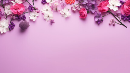 Wall Mural - pink and purple flowers on a pink background , copy space 