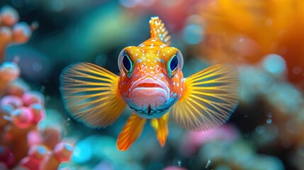 Sticker -  a close up of a yellow and blue fish in a coral with other corals and other corals in the background and a blurry photo of the bottom half of the fish.