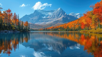 Canvas Print -  a mountain range is reflected in the still water of a lake surrounded by trees with orange and yellow leaves in the foreground and a blue sky with clouds in the background.