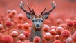  a close up of a deer in a field of flowers with it's antlers sticking out of it's ears, with a blurry background of red flowers.