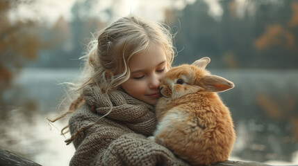 An idyllic setting of a girl holding a rabbit in her arms on a wooden dock by a serene lake, their reflections shimmering in the water, creating a timeless and picturesque scene th