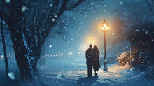 A Romantic Meeting Under Snow Flakes That Create A Magical Atmosphere
