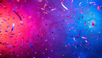 Wall Mural - a festive and colorful party with flying neon confetti on a purple red and blue background