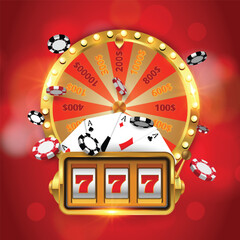 Casino advertisement template vector design with fortune wheel, casino slot machine and casino chips on red background