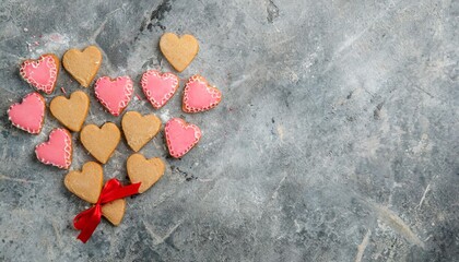 Wall Mural - top view of sweet heart shaped cookies for valentines day on grey cracked surface