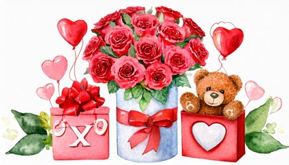 Wall Mural - watercolor valentines day card romantic elements plush teddy bear big red rose bouquet in the box xoxo ballons elegant style hand drawn