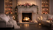 Cozy living space transformed: twinkling lights, plush cushions, fireplace warmth, and scattered rose petals. Embrace the intimate beauty of a quiet fireside evening