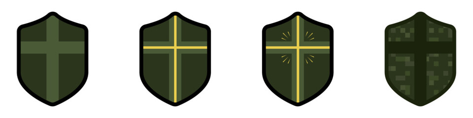 Poster - Shield with cross vector icon. Military shield patch pattern. Christian chaplain symbol icon vector. Cross and shield vector.