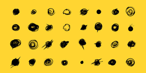 Wall Mural - Set of hand drawn doodle circles in a grunge style. Yellow background. Scribble doodle circle and point. Collection black shapes dots and drops. Vector illustration for bullet journal.