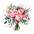 © 1emonkey - pink wedding bouquet cartoon style watercolor illustration on white background