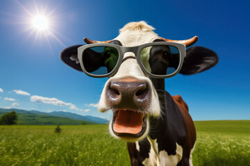 Wall Mural - Funny cow wearing in sunglasses in a field.