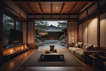 Japanese zen style home interior design of modern living room at night