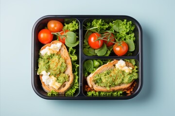 An attractive and health-conscious school lunch scene shot from above. The lunch box contains delicious healthy food. Space for text or advertising.