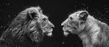 Realistic black and white photography of adorable lion couple in the savannah.