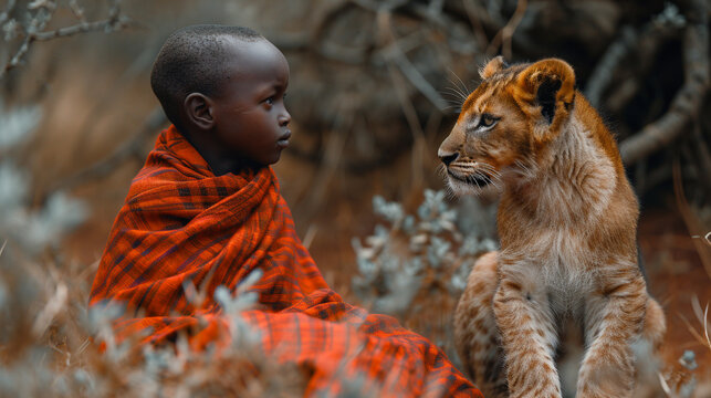 A captivating snapshot of an African boy and a lion cub in a traditional Maasai village, the vibrant colors of their garments and the cub's fur contrasting against the red earth, p