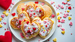 Several homemade heart-shaped pancakes covered with cream with colorful sweets on a white plate and a blank red heart isolated on white background