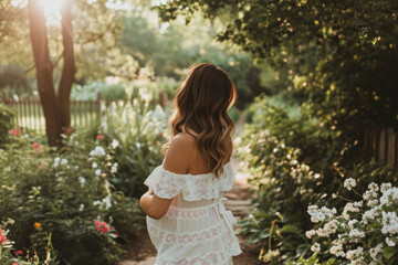 Wall Mural - pregnant woman in the garden with flowers