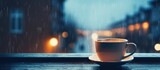 Fototapeta  - Rainy weather, cup of drink on windowsill with space for text.