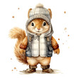 © KüstenPixel - Eichhörnchen Winterjacke Mütze Schal Niedliche Eichhörnchenillustration Aquarell Tierbild Kinderzimmer Wandkunst Herbstmotiv