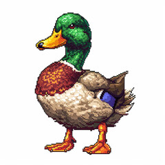 A cool retro 8 bit game art style image of a colorful duck on a white background