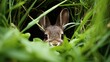 bunny hiding in the grass with eggs