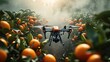An agricultural drone from above working over orange trees field, Fumigating spreading steam. Generative AI.