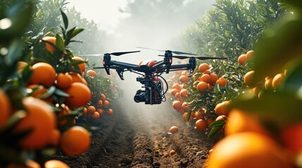 An agricultural drone from above working over orange trees field, Fumigating spreading steam. Generative AI.