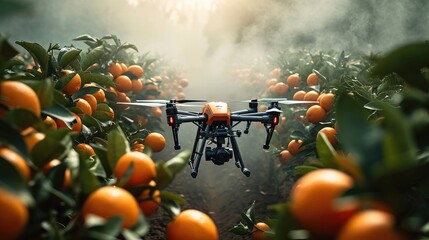 Wall Mural - An agricultural drone from above working over orange trees field, Fumigating spreading steam. Generative AI.