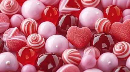 Poster - Illustration, Background full of red and pink candies with different sizes, Sharp focus. Generative AI.