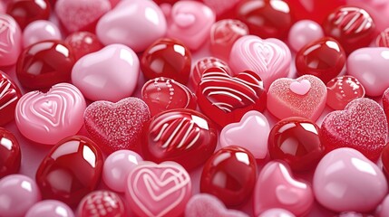 Poster - Illustration, Background full of red and pink candies with different sizes, Sharp focus. Generative AI.