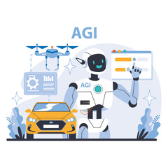 Poster - agi concept. autonomous vehicles and drones advance under ai guidance. interactive robotics leading 