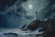 A moonlit lighthouse painting. Generative AI