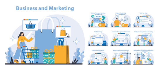 Poster - Business and Marketing set. E-commerce solutions and digital strategies. Engaging online shopping, effective SEO, and web services. Flat vector illustration.
