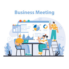 Poster - Business meeting concept. Professional team analyzing data and performance metrics. Strategic planning and collaborative discussions. Flat vector illustration.