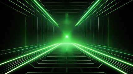 Poster - Abstract neon light geometric background. Glowing neon lines. Empty futuristic stage laser. Green rectangular laser lines. Square tunnel. Night club empty room.
