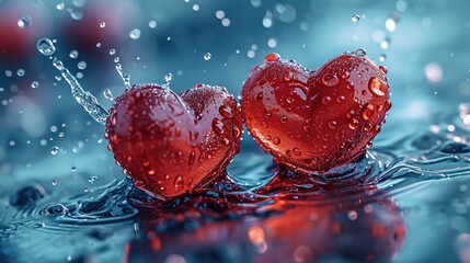 Poster - Two volumetric red hearts on a blue liquid background. Generative AI.