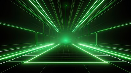 Aufkleber - Abstract neon light geometric background. Glowing neon lines. Empty futuristic stage laser. Green rectangular laser lines. Square tunnel. Night club empty room.