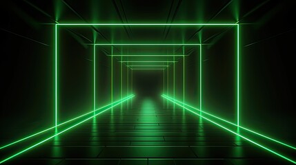 Wall Mural - Abstract neon light geometric background. Glowing neon lines. Empty futuristic stage laser. Green rectangular laser lines. Square tunnel. Night club empty room.