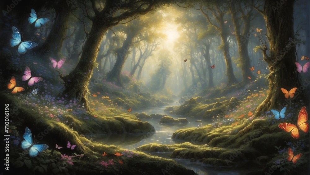 Fantasy landscape with butterflies Stock Illustration | Adobe Stock