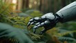 Robot hand and a fern leaf, Fern forest background. Generative AI.