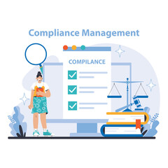 Poster - Compliance Management concept. Detailed illustration of regulatory adherence, legal standards, and policy enforcement in organizational processes. Systematic checks and balances depicted.