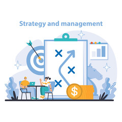 Poster - Strategy and management concept. Executives collaborate on goals, analyze financial growth. Targeting success, optimizing resources, charting progress. Flat vector illustration.