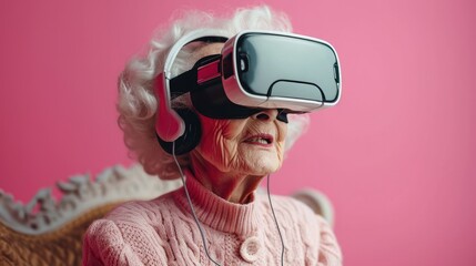 Poster - Grandma using VR headset against pastel color background. Generative AI.